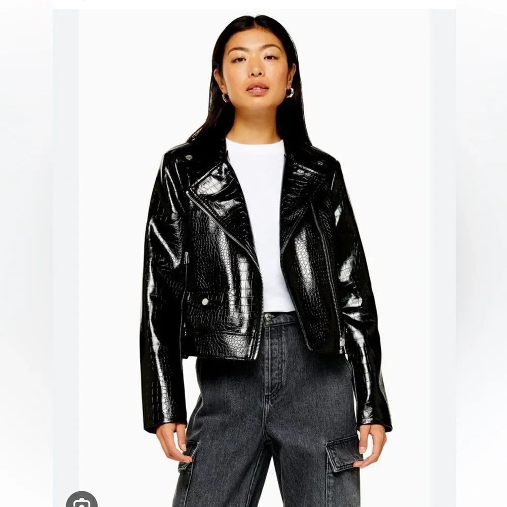 Topshop Croc Embossed Faux Leather Jacket
